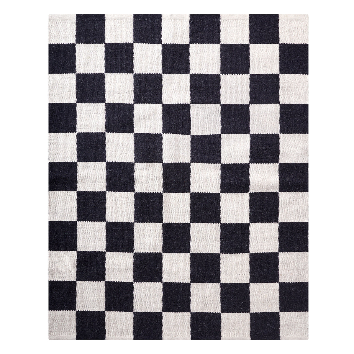 large scale checkerboard flat weave rug wool black white - front view