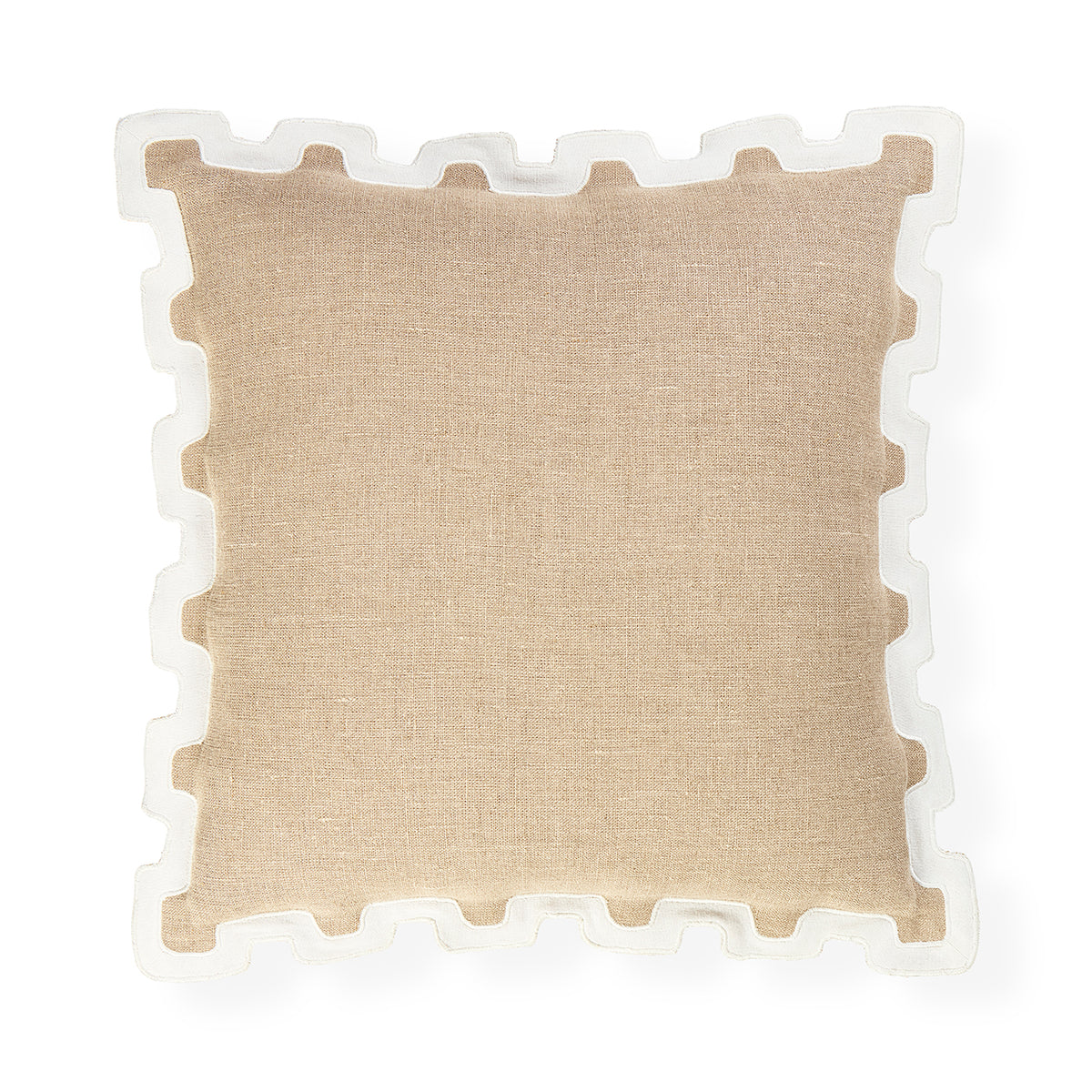 A square beige linen throw pillow with a white interlocking foam border, shown from a top-down view on a white background.