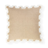 A square beige linen throw pillow with a white interlocking foam border, shown from a top-down view on a white background.