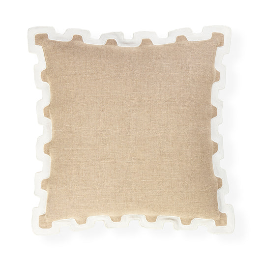 A square beige linen throw pillow with a white interlocking foam border, shown from a top-down view on a white background.