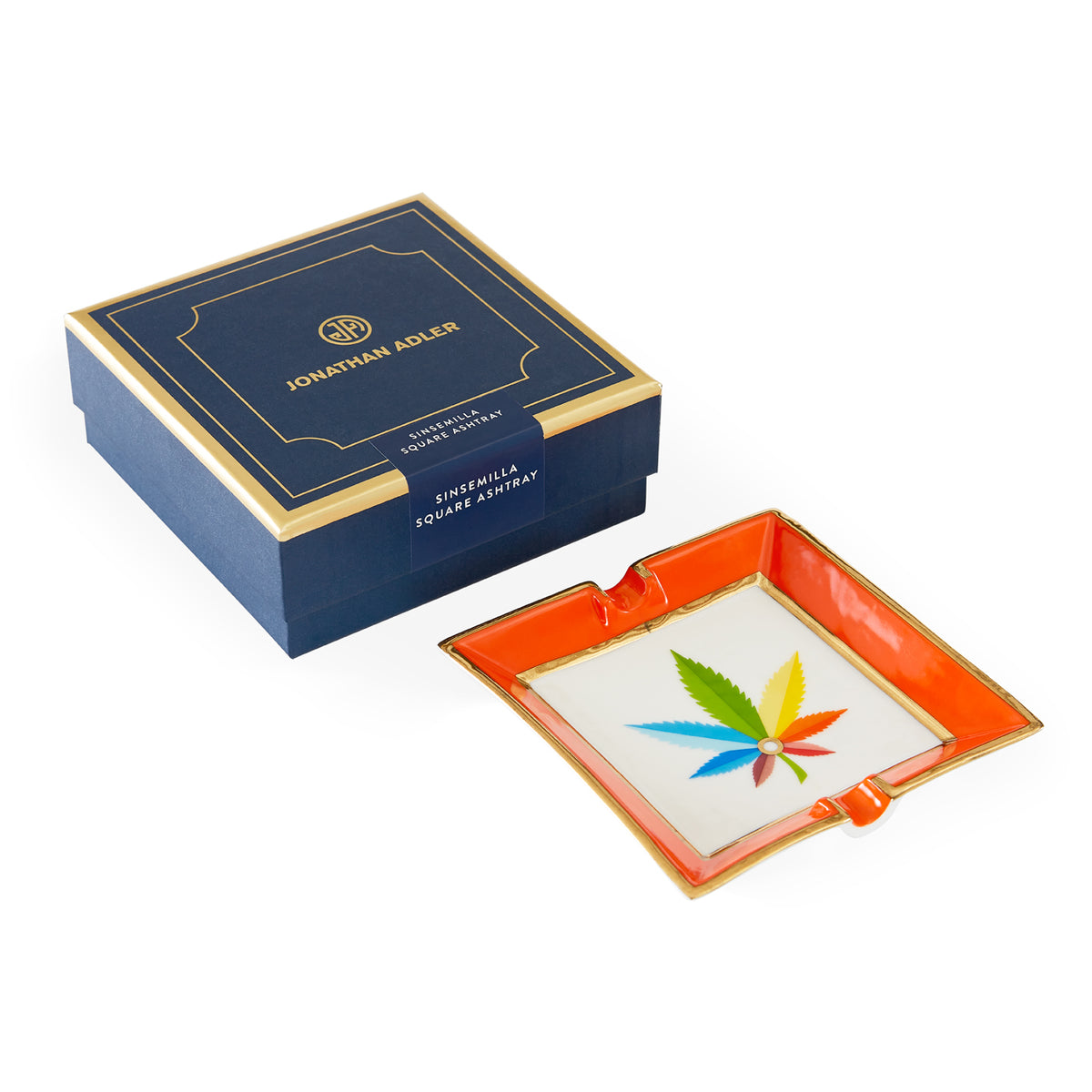 sinsemilla square ashtray porcelain orange with box - angle view