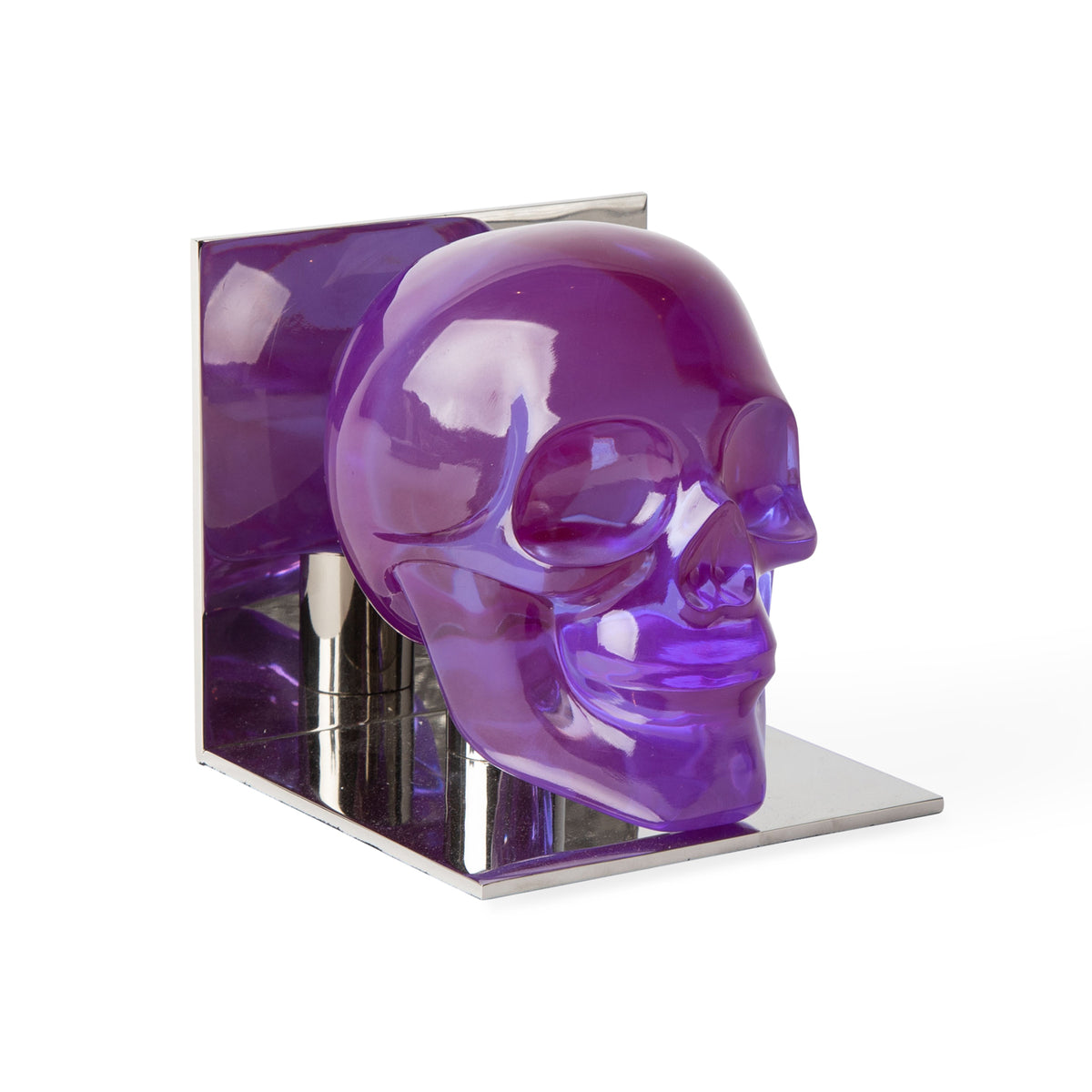 skull bookend single acrylic smoke frame nickel - angle view