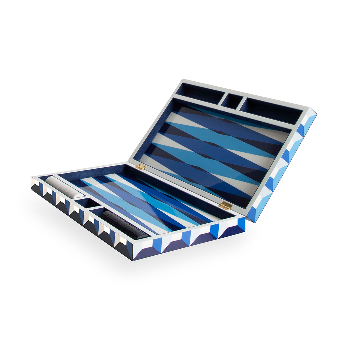 sorrento backgammon set lacquer blue closed with chips - angle view