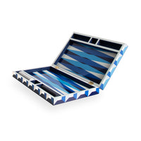 sorrento backgammon set lacquer blue closed with chips - angle view