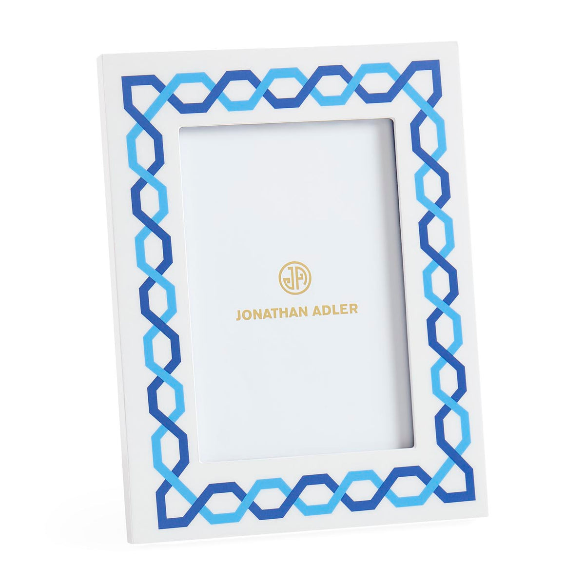 Decorative picture frame with blue and white geometric pattern on a white background, featuring the Jonathan Adler logo.