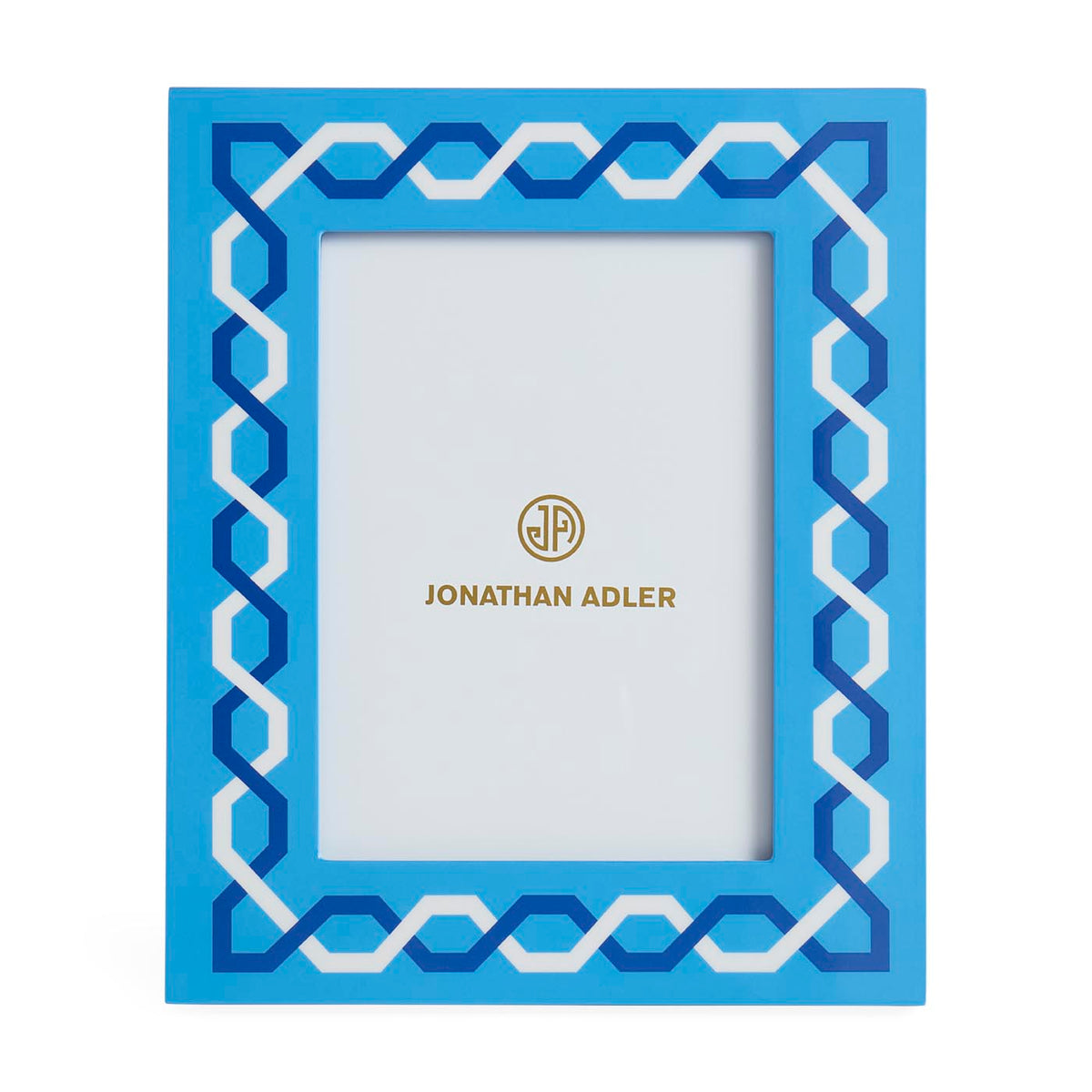Blue decorative photo frame with Jonathan Adler logo on a white background