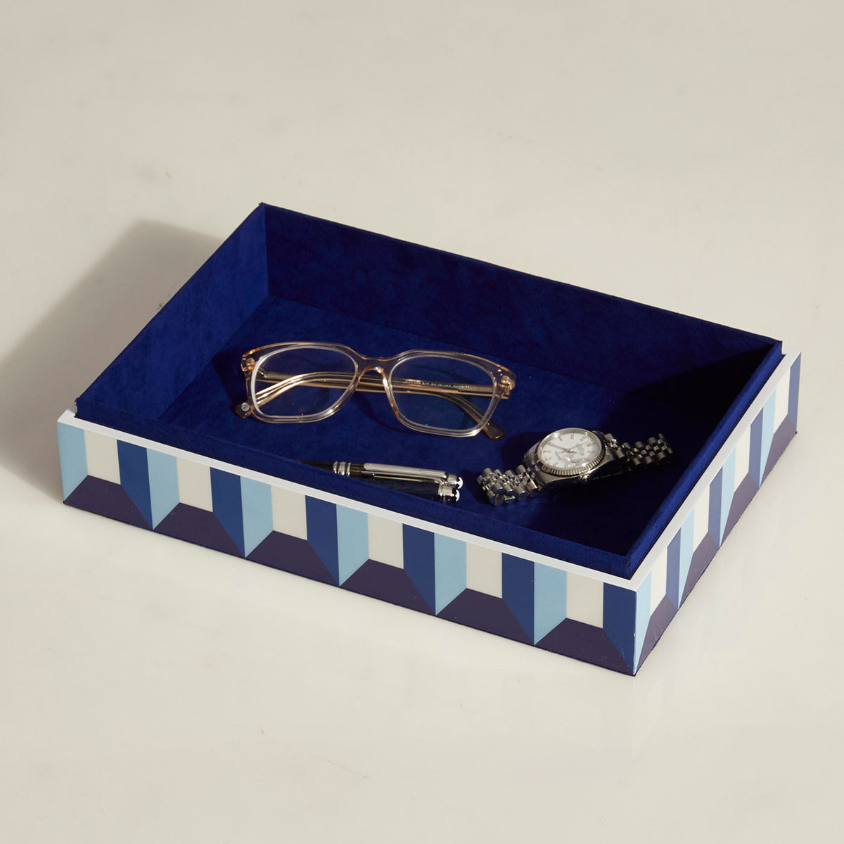 large sorrento lacquer box open with glasses watch pen - styled view