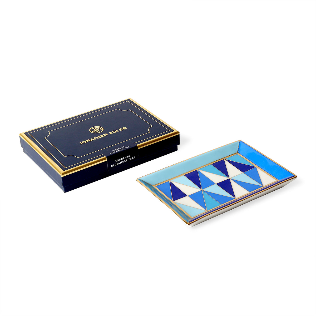sorrento rectangle tray porcelain blue accents gold with box - angle view