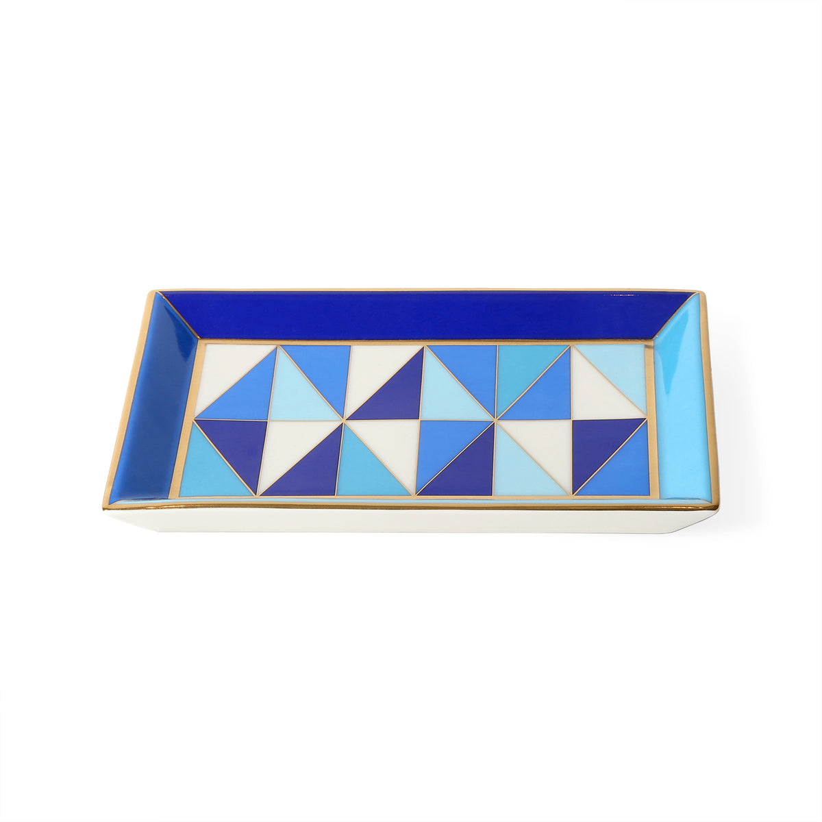 sorrento rectangle tray porcelain blue accents gold - front view