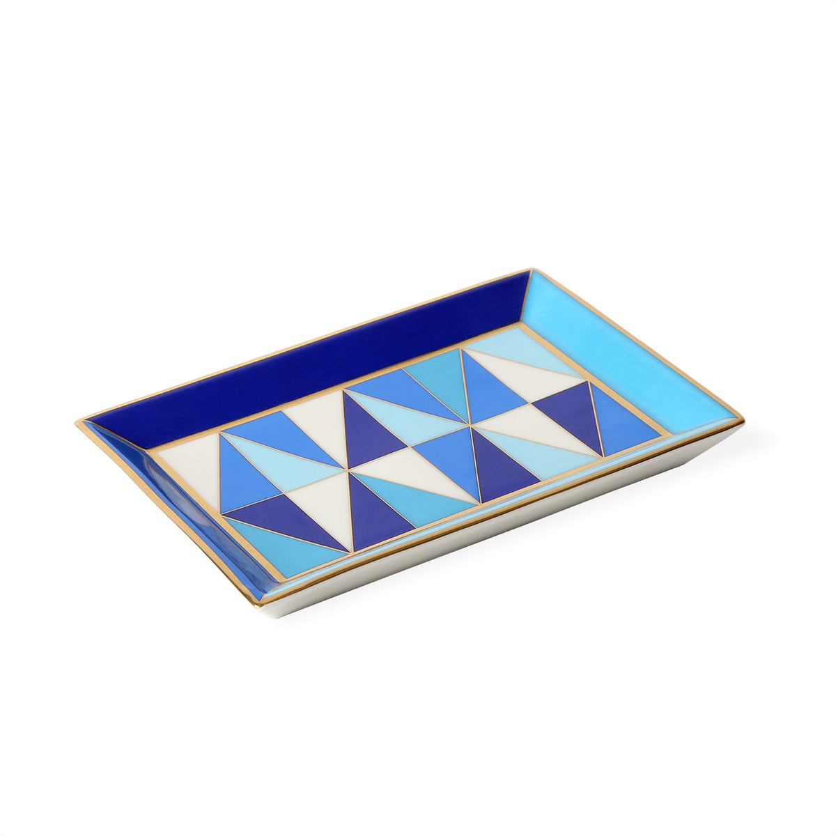 sorrento rectangle tray porcelain blue accents gold - angle view