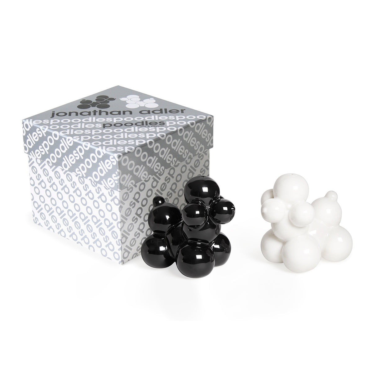 poodle salt and pepper set porcelain black white with box - angle view