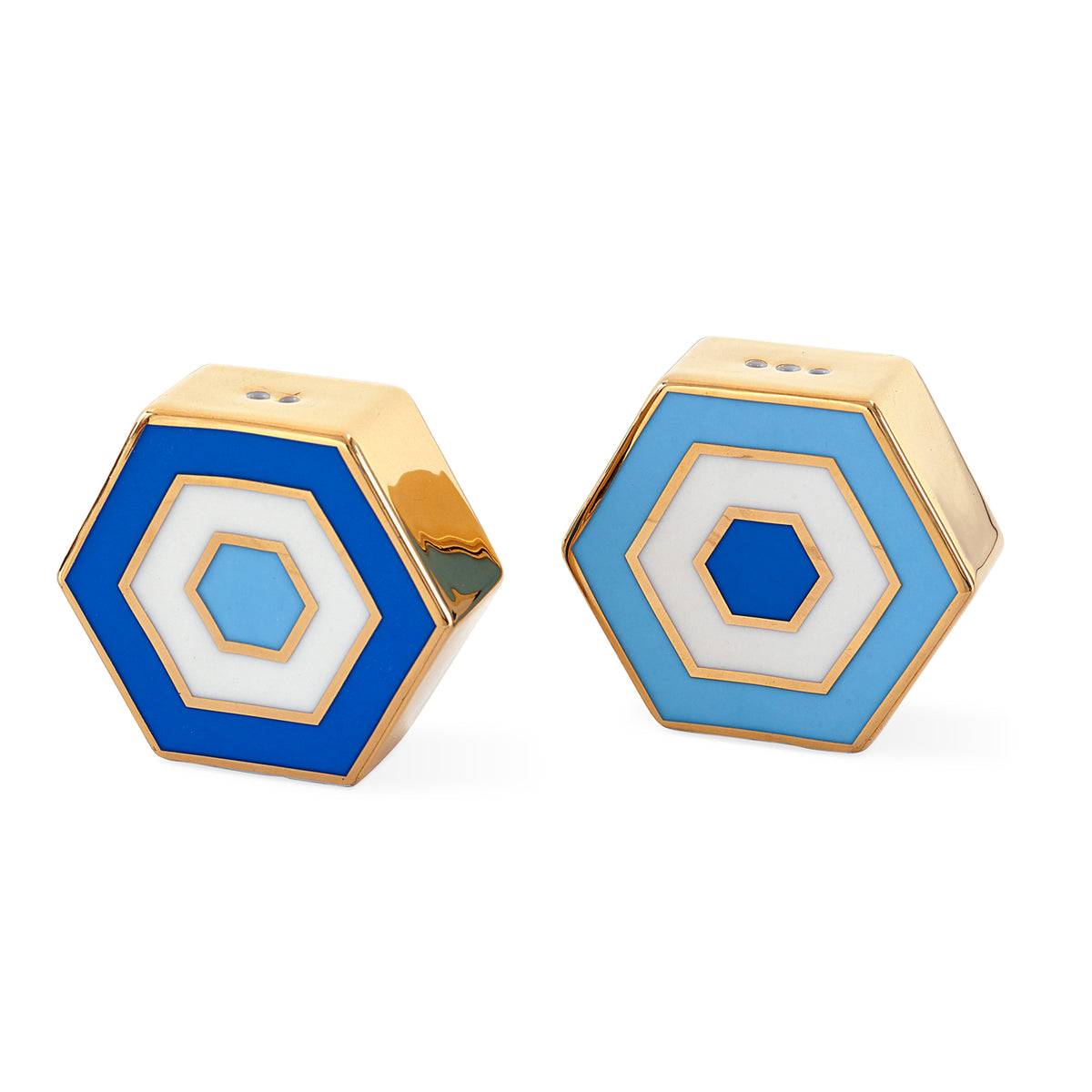 newport salt  and pepper set porcelain blue gold - angle view