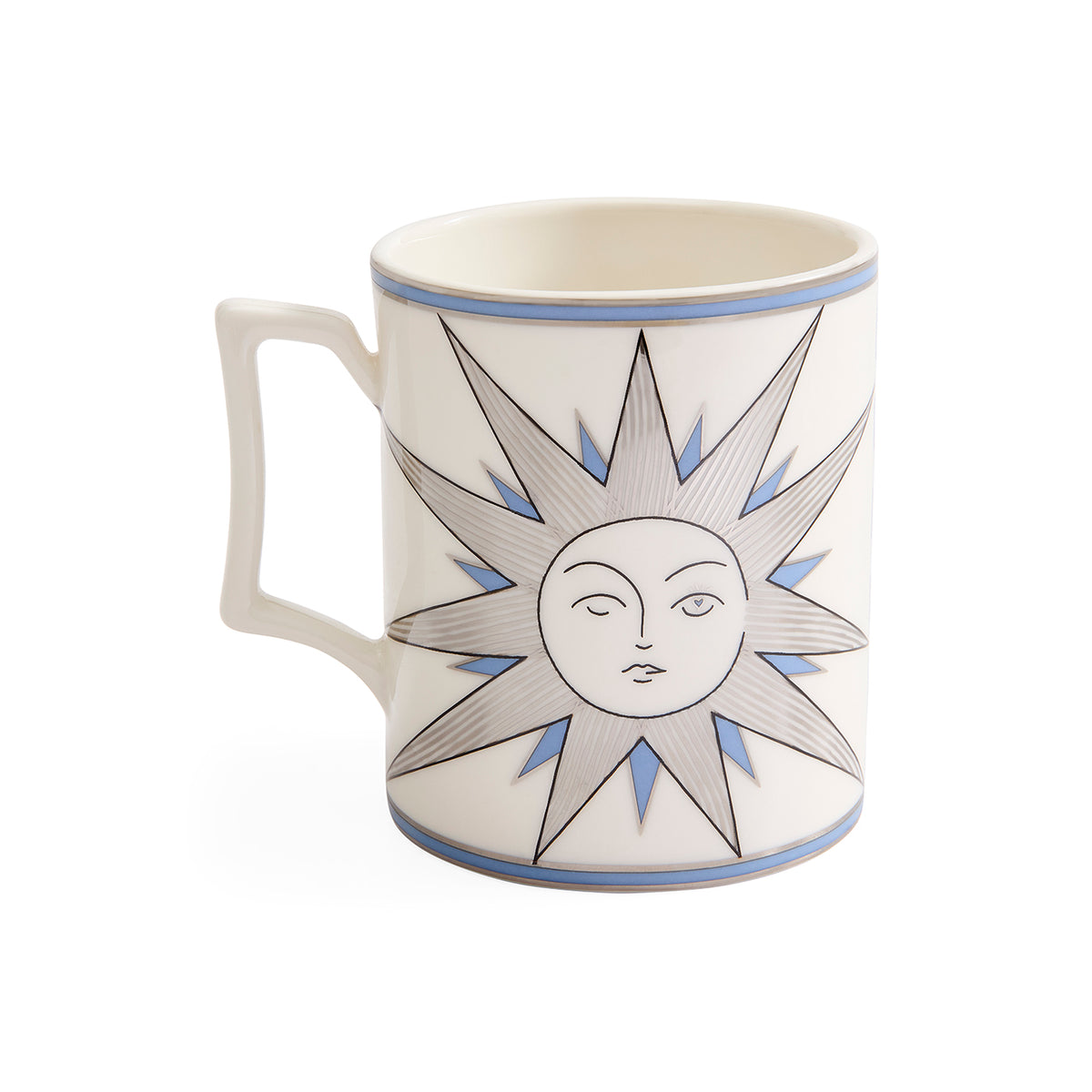 A white ceramic mug featuring a stylized sun face design with gray rays and blue accents, set against a plain white background.