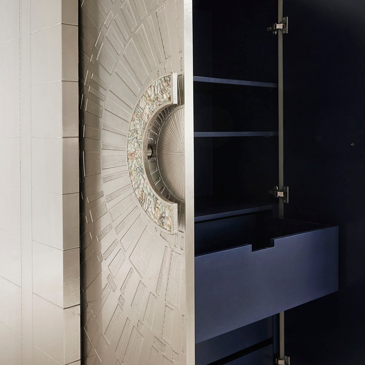 talitha armoire hand-stamped nickel abalone handles - detail view 3