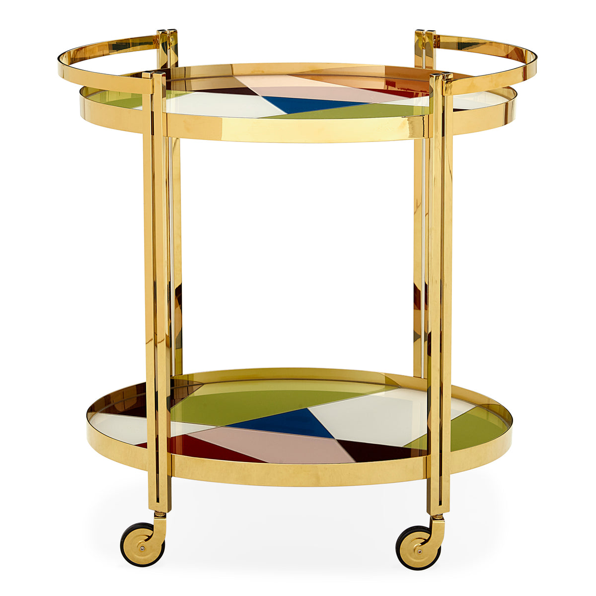 torino bar cart back-painted multicolored glass shelves brass frame - front view