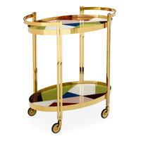 torino bar cart back-painted multicolored glass shelves brass frame - angle view
