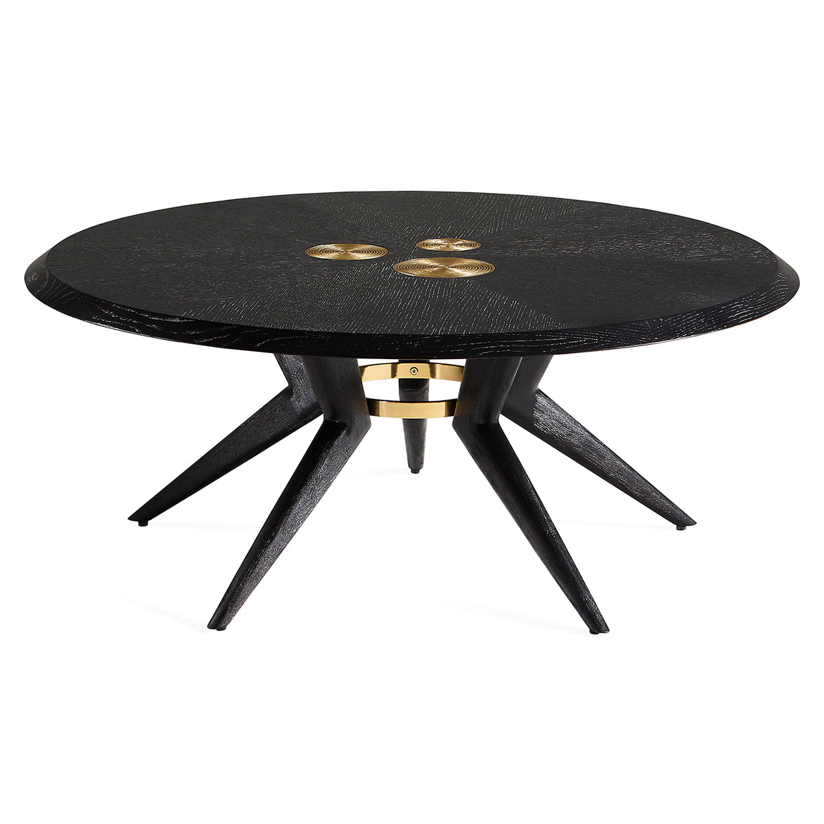 Black round table with gold accents on a white background