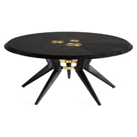Black round table with gold accents on a white background