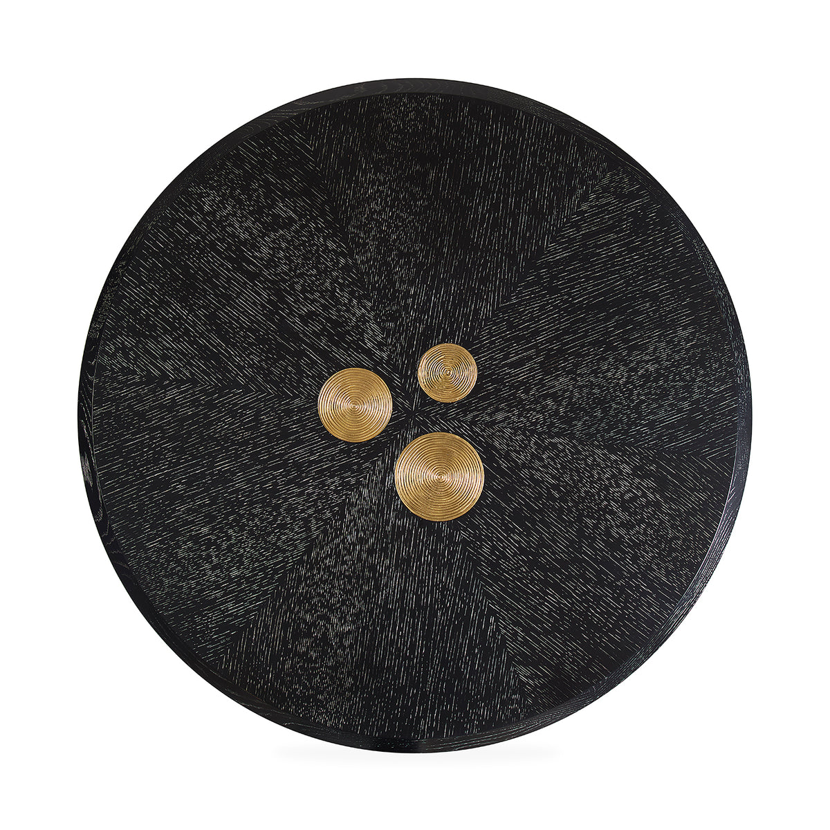 Black textured button with three gold buttons on a white background