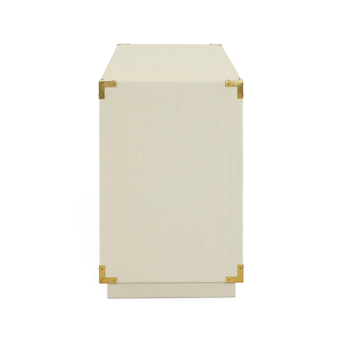 Rectangular ottoman with gold accents on a white background