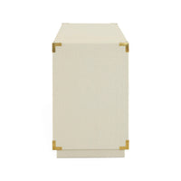 Rectangular ottoman with gold accents on a white background