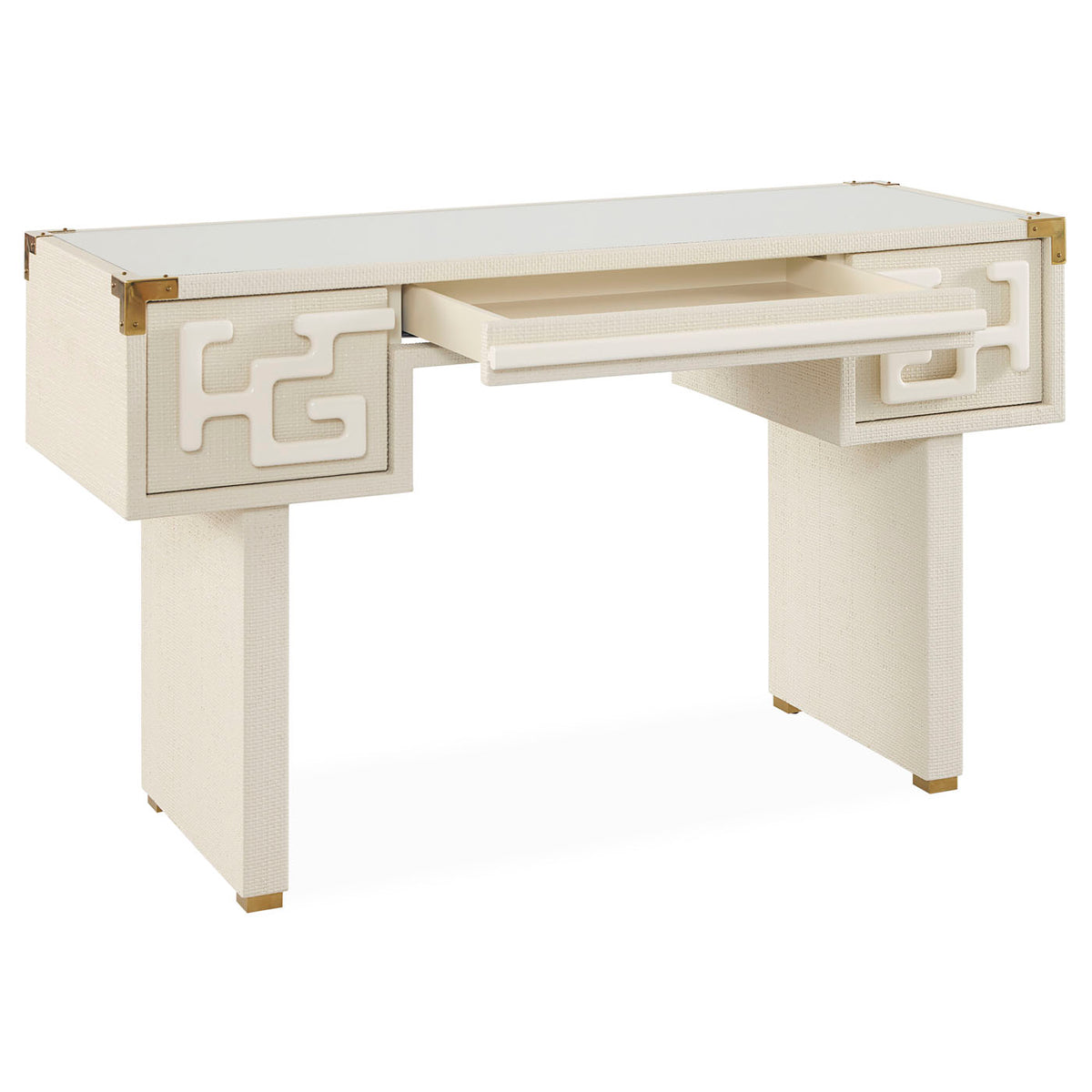 White desk with decorative patterns on a white background