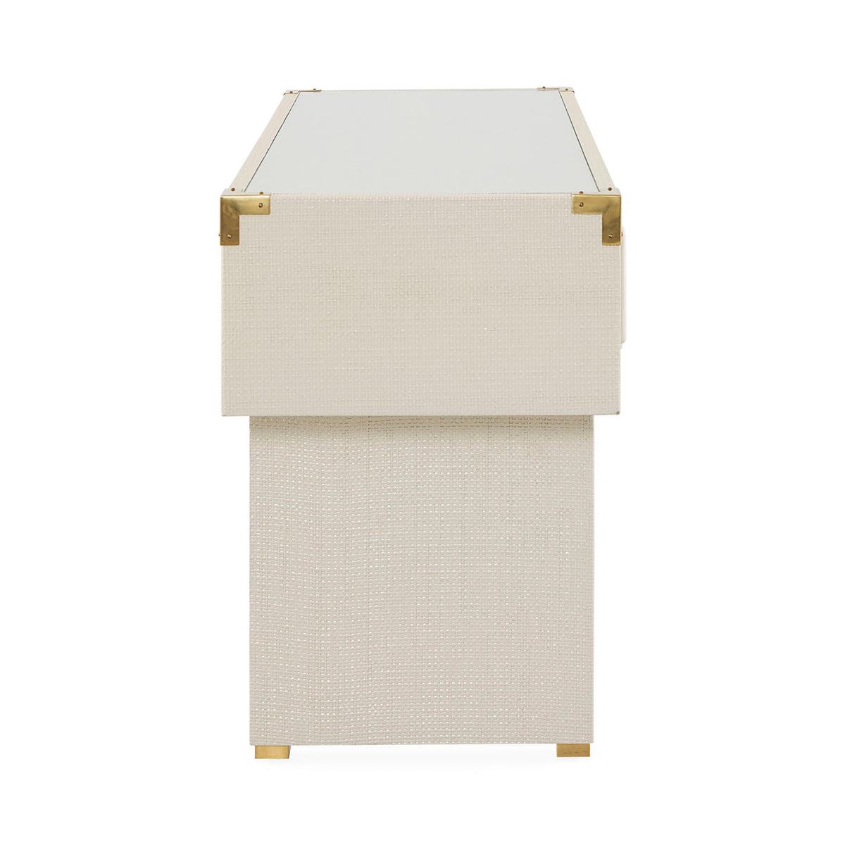 Beige side table with gold accents on a white background