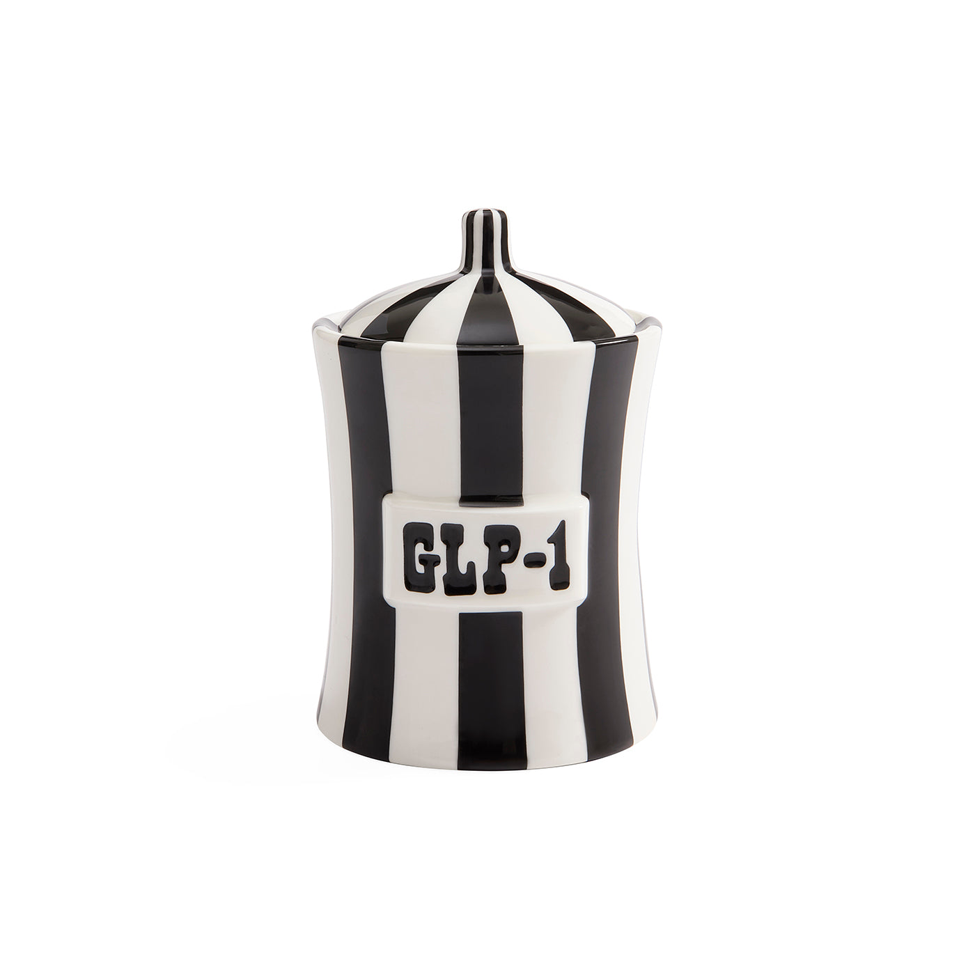 A black and white striped ceramic jar with a lid, featuring a white label on the front with the text 'GLP-1' in black.
