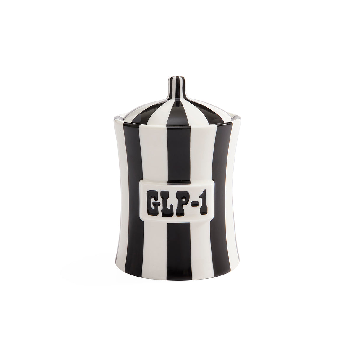 A black and white striped ceramic jar with a lid, featuring a white label on the front with the text 'GLP-1' in black.
