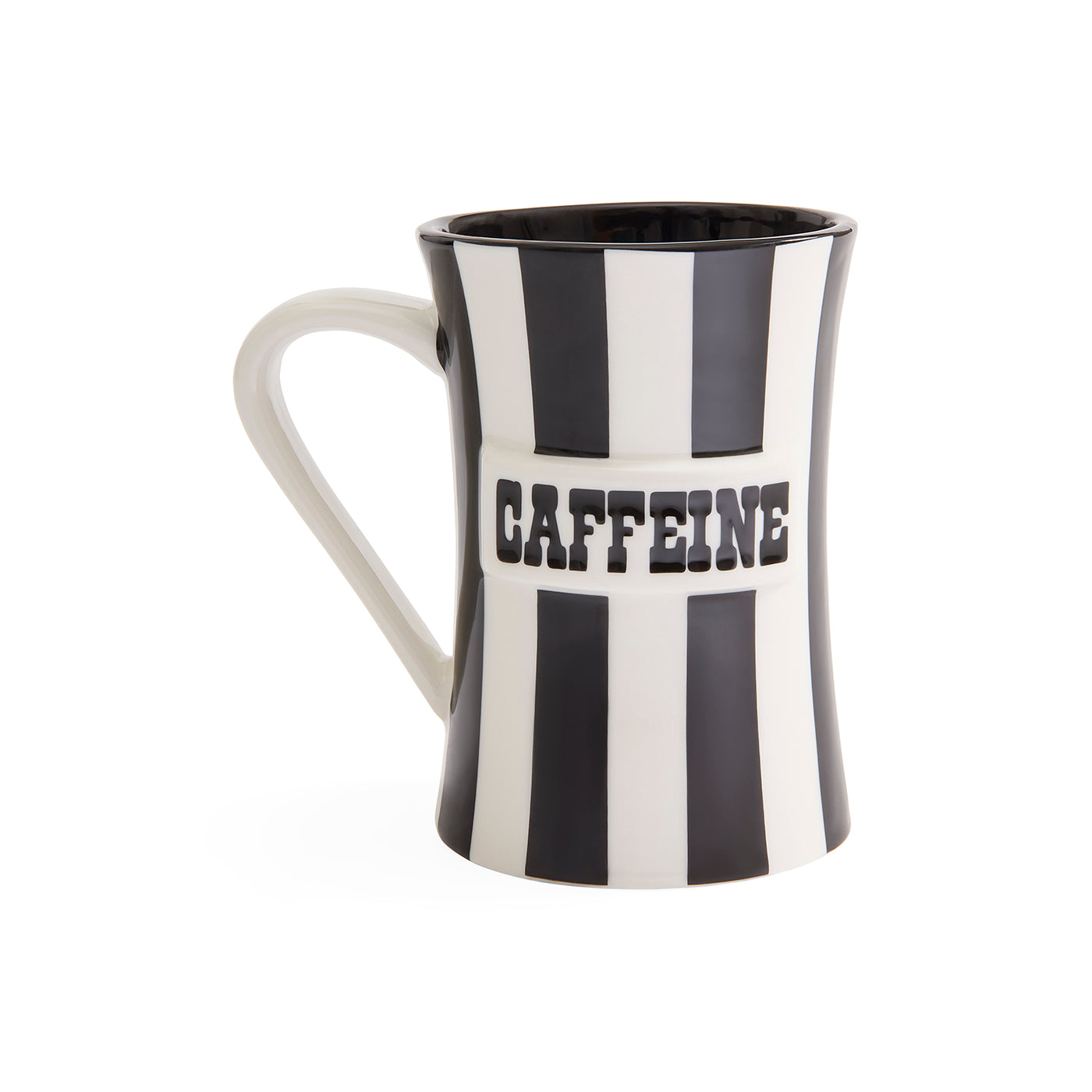 A ceramic mug with a black and white vertical striped design, featuring the word 'CAFFEINE' printed in bold black letters on a white band across the front. The mug has a white handle and a black interior, shown against a plain white background.