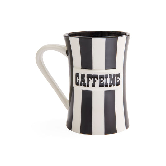 A ceramic mug with a black and white vertical striped design, featuring the word 'CAFFEINE' printed in bold black letters on a white band across the front. The mug has a white handle and a black interior, shown against a plain white background.