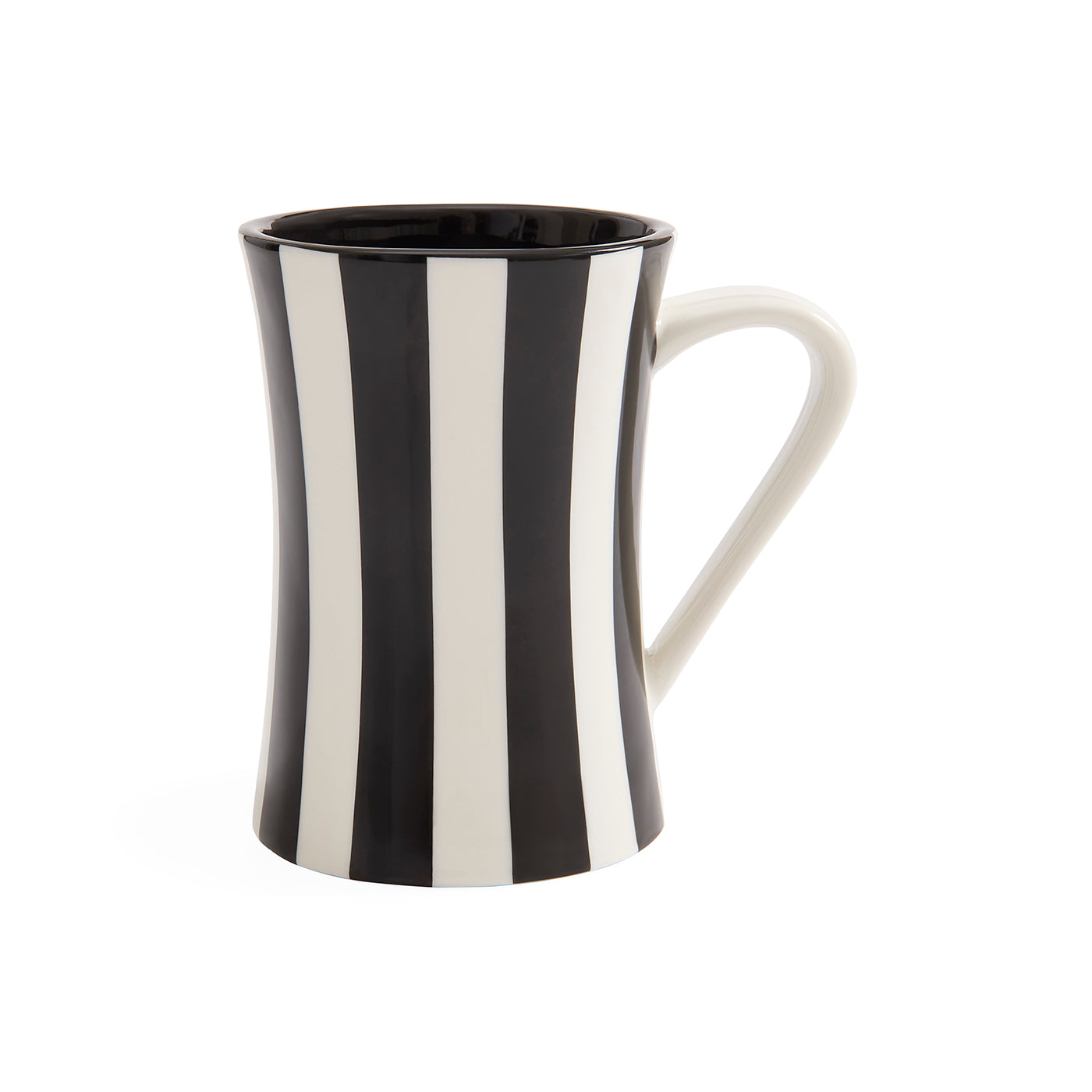 A ceramic mug with a bold black and white vertical stripe pattern, featuring a curved handle and a flared rim, shown on a plain white background.