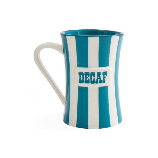 A ceramic mug with vertical blue and white stripes, featuring a white handle and a white label in the center that reads 'DECAF' in blue letters.