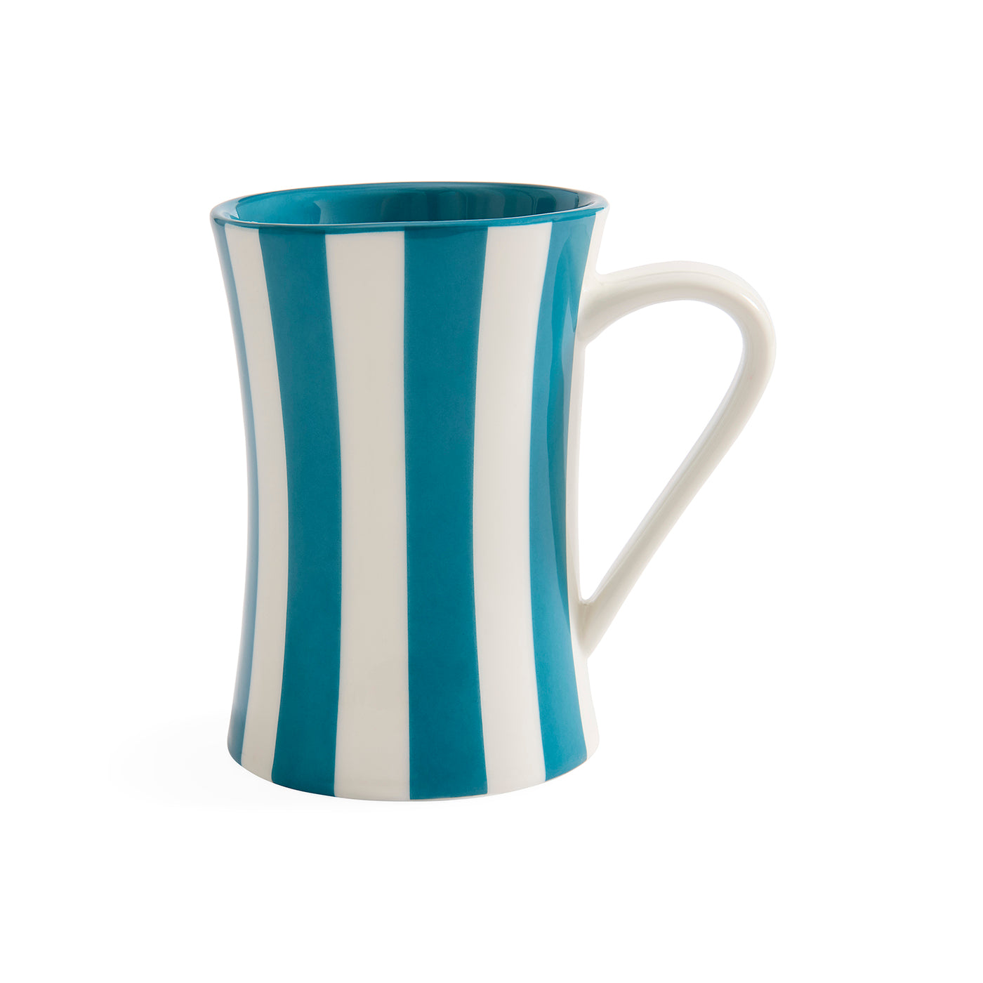 A ceramic mug with vertical blue and white stripes, featuring a curved handle and a flared rim, shown on a plain white background.