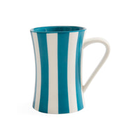 A ceramic mug with vertical blue and white stripes, featuring a curved handle and a flared rim, shown on a plain white background.