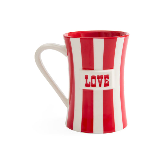 A ceramic mug with a red and white vertical striped design, featuring a white center panel with the word 'LOVE' in red. The mug has a curved handle and is photographed on a clean white background.