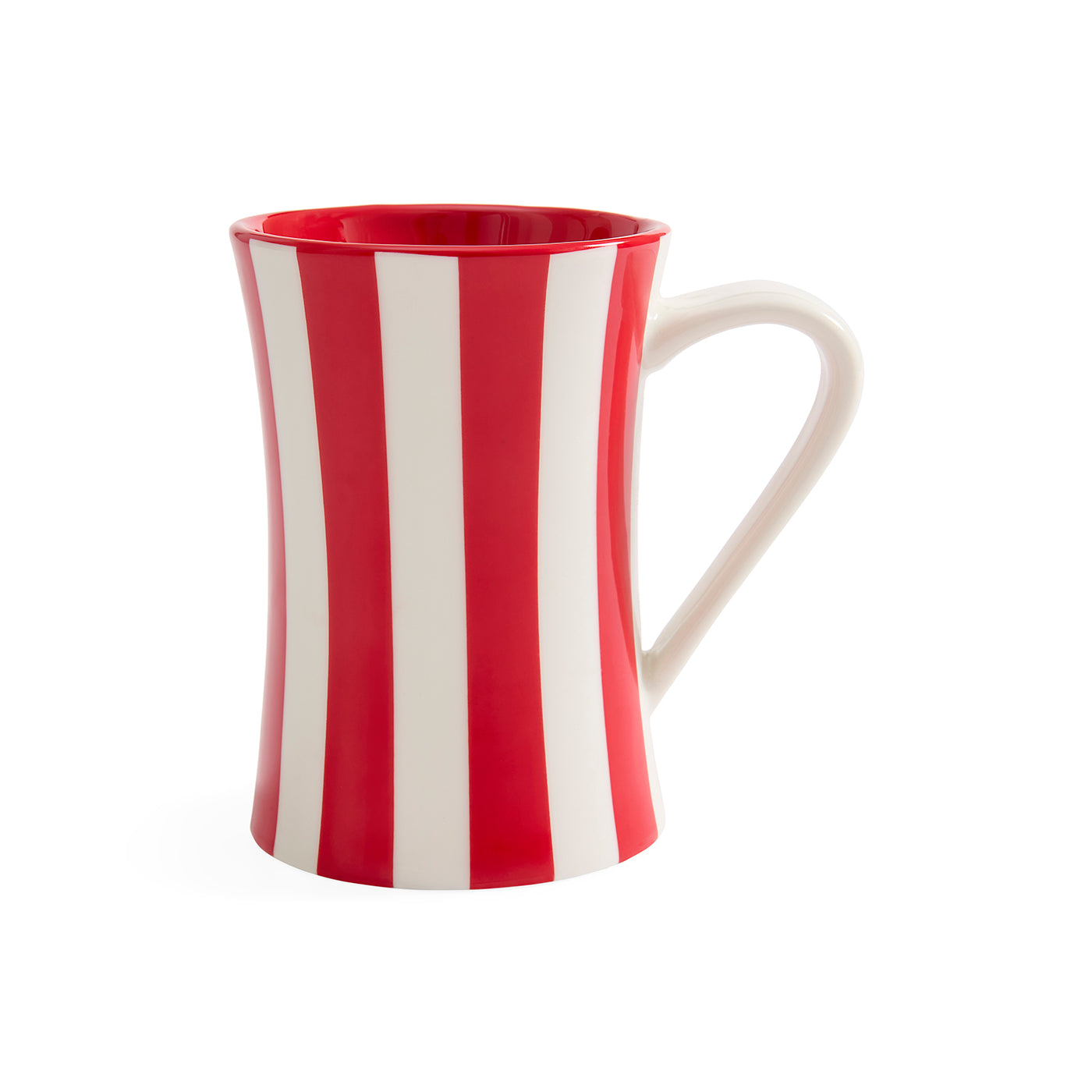 A ceramic mug with a bold red and white vertical stripe pattern, featuring a curved handle and a glossy finish, set against a plain white background.