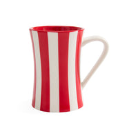 A ceramic mug with a bold red and white vertical stripe pattern, featuring a curved handle and a glossy finish, set against a plain white background.